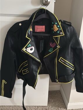 Signature Black Faux Leather Kids Moto Jacket with Neon Yellow Trim